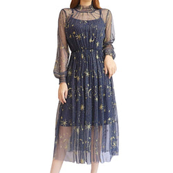 Women Ruffle Gothic Chiffon Dress Stars Moon Print Embroidered Mesh S – DANCEYM