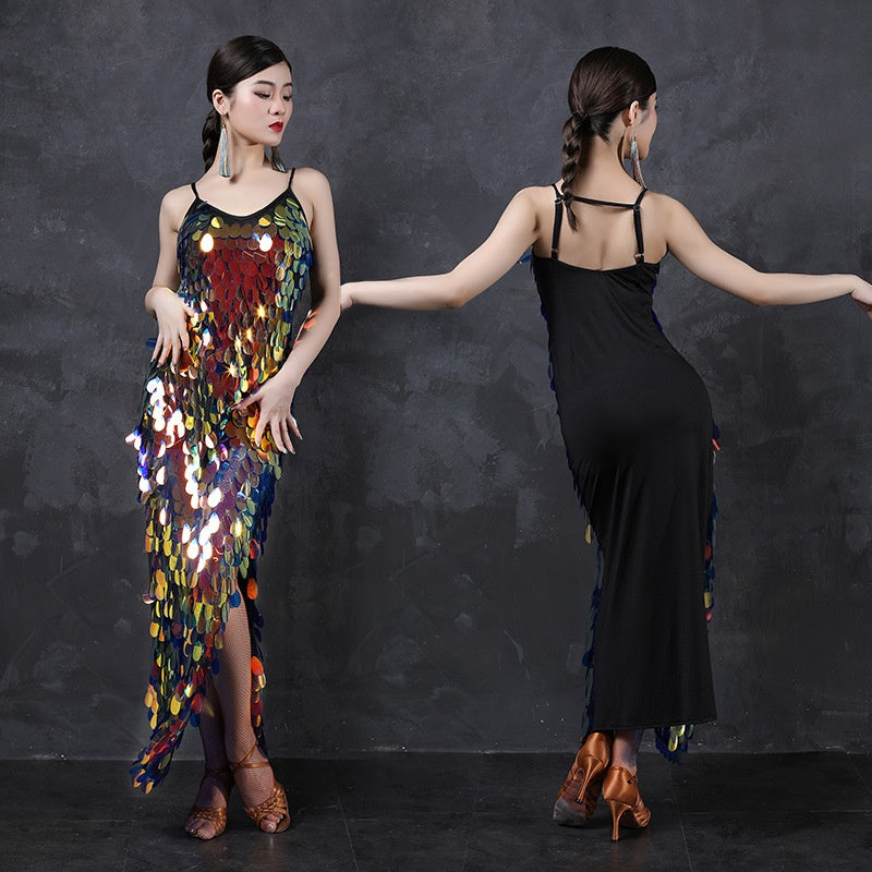 V Neck Glitter Sequin Slip Shiny Latin Dance Dress