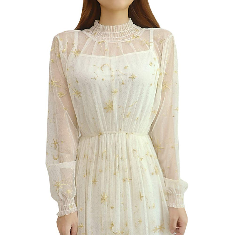 Women Ruffle Gothic Chiffon Dress Stars Moon Print Embroidered Mesh Long Puff Sleeve Lolita Summer