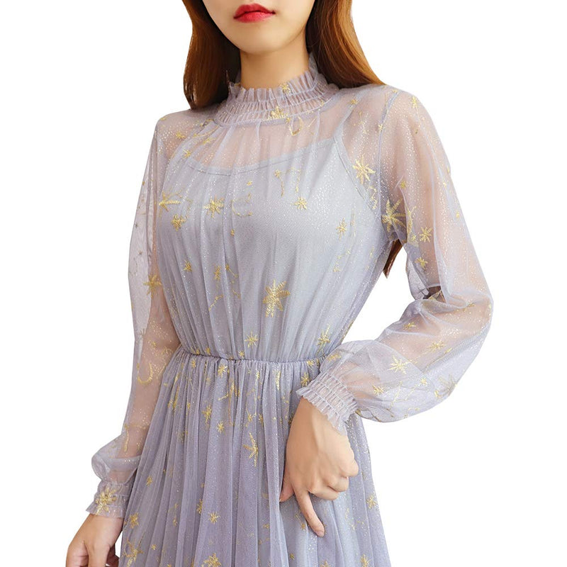 Women Ruffle Gothic Chiffon Dress Stars Moon Print Embroidered Mesh S DANCEYM Women Ruffle Gothic Chiffon Dress Stars Moon Print Embroidered Mesh S DANCEYM