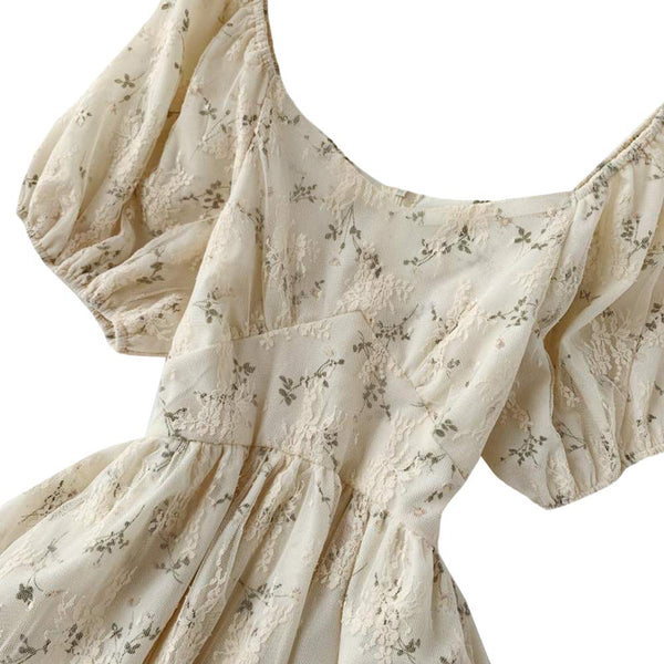 Women Floral Tea Dress Puff Short Sleeve Mesh Ruffle Vintage Lace