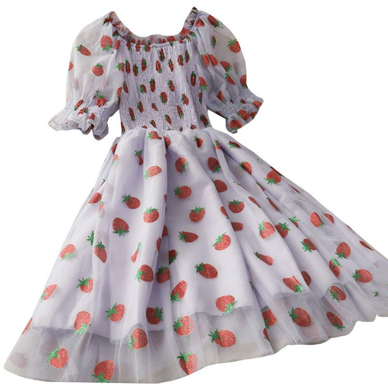 Women Ruffle Lolita Mesh Dress Shiny Strawberry Off Shoulder Puff Sleeve Sweet Fairy