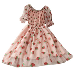 Women Ruffle Lolita Mesh Dress Shiny Strawberry Off Shoulder Puff Sleeve Sweet Fairy