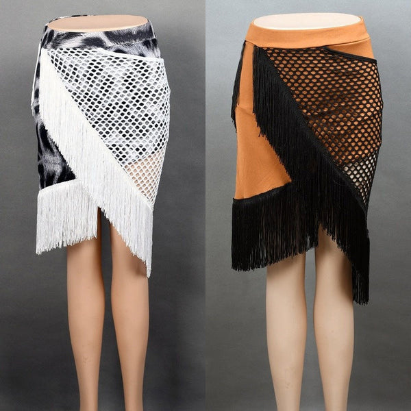 Asymmetric Tassel Hollow Out Fringed Latin Dance Skirt