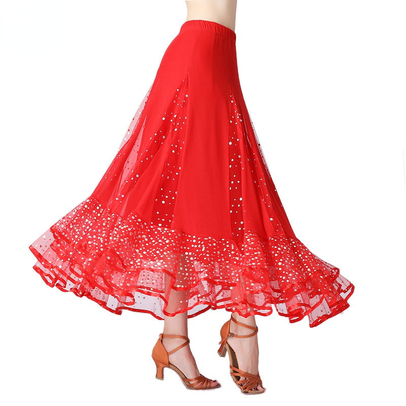 Sequins Mesh Ruffle Ballroom Dance Skirt