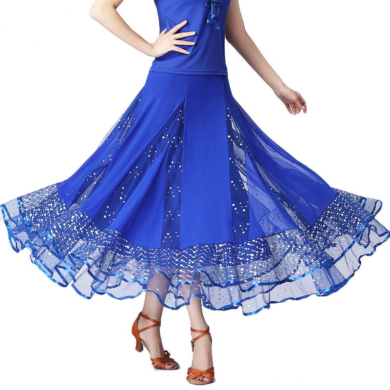 Sequins Mesh Ruffle Ballroom Dance Skirt