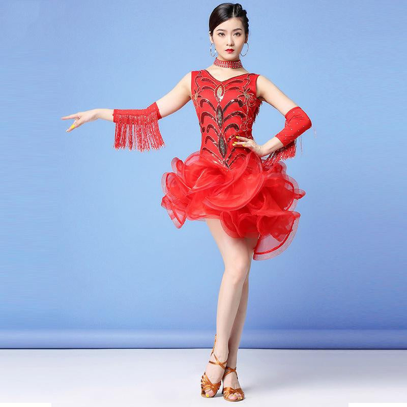 Sequin Tassel Latin V Neck Dance Dress