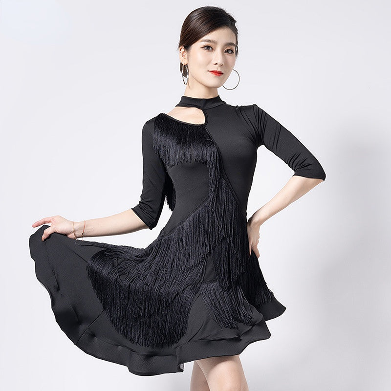 Asymmetric Half Sleeve Latin Dance Dress With Tassel