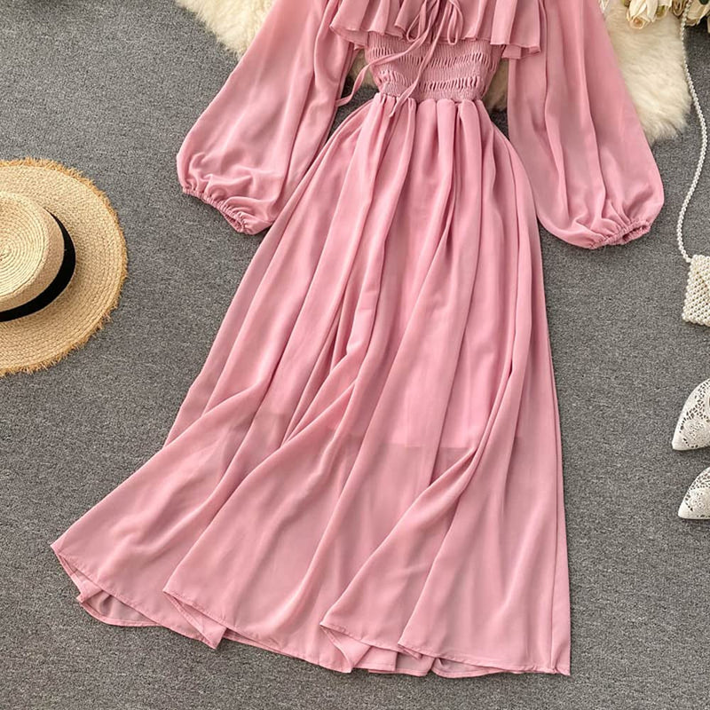 Women Square Neck Long Puff Sleeves Chiffon Smocked Bust Dress