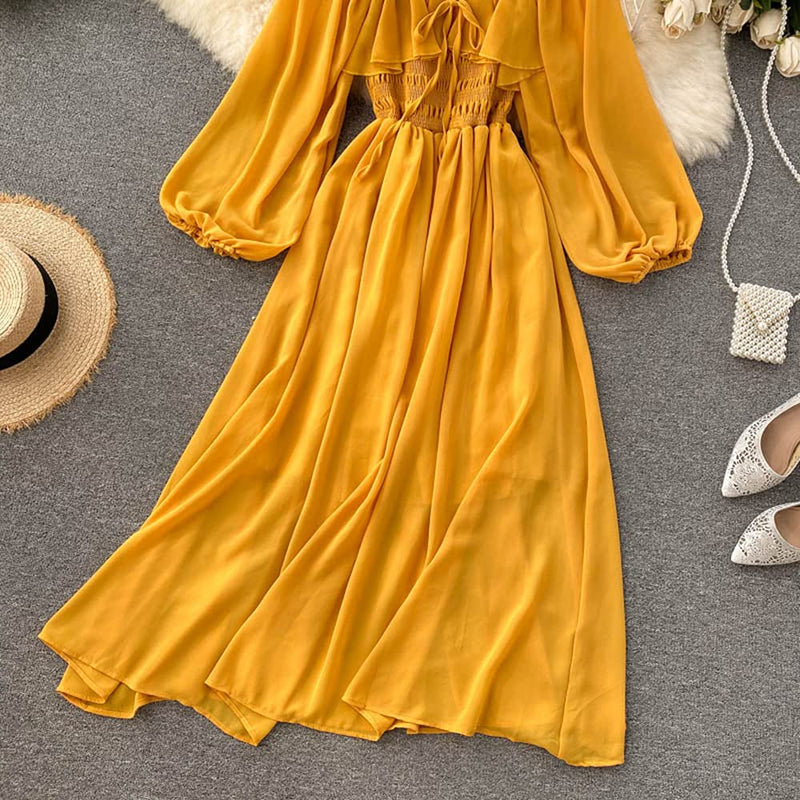 Women Square Neck Long Puff Sleeves Chiffon Smocked Bust Dress