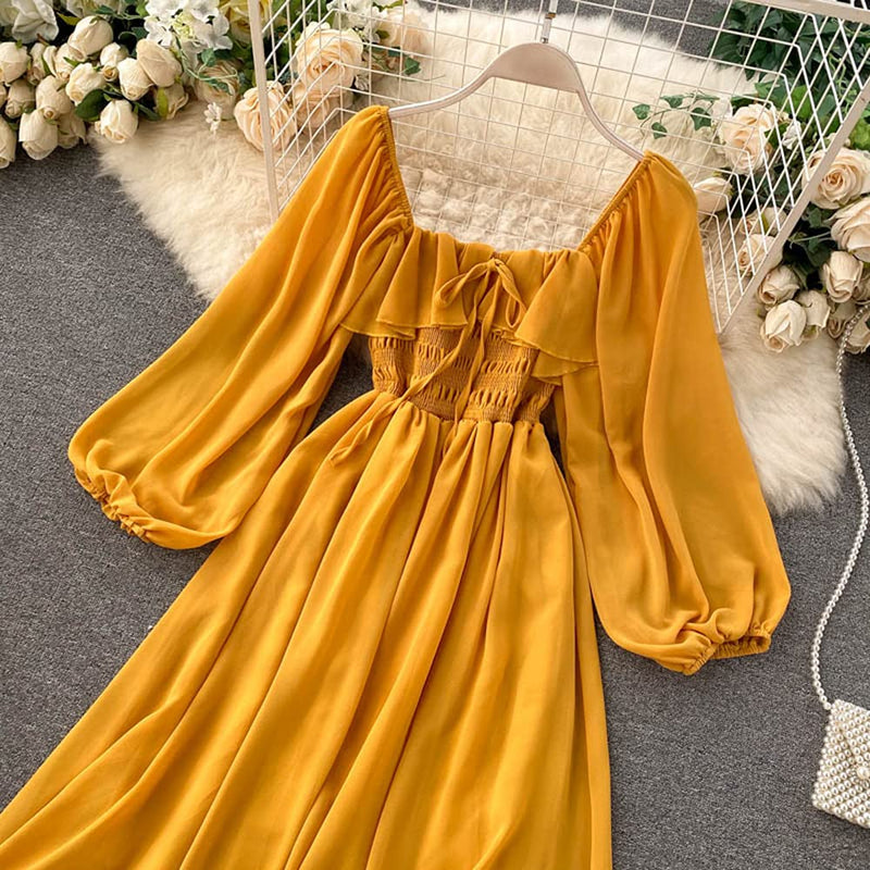 Women Square Neck Long Puff Sleeves Chiffon Smocked Bust Dress