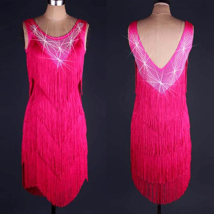 Diamond Tassel Latin Dance Dress-Rose Red