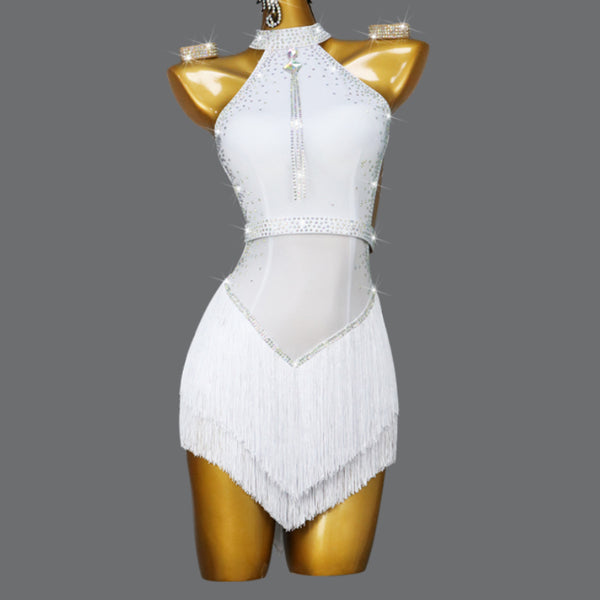 Customized White Latin Dress With Belt Tassel