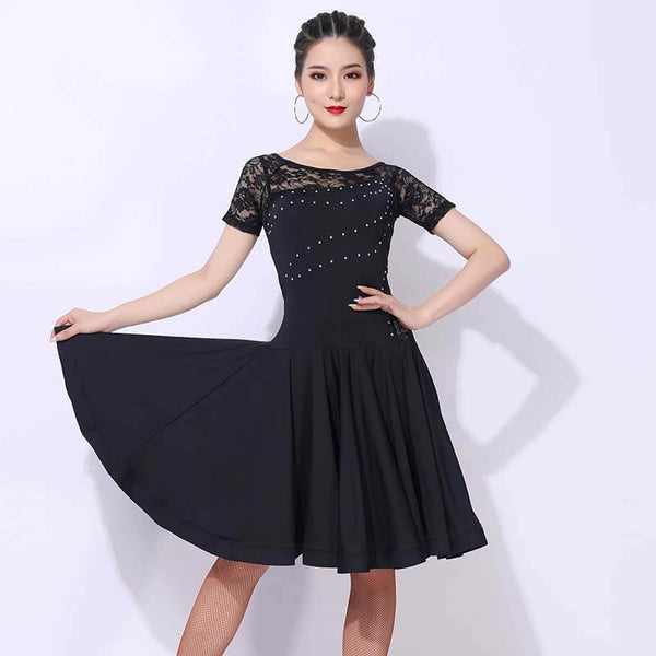 Womens A-Line Knee-Length Crew Neck Short Sleeve Latin Dress with Lace ...