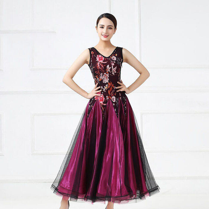 A-Line Long Ballroom Dress with Floral Embroidery