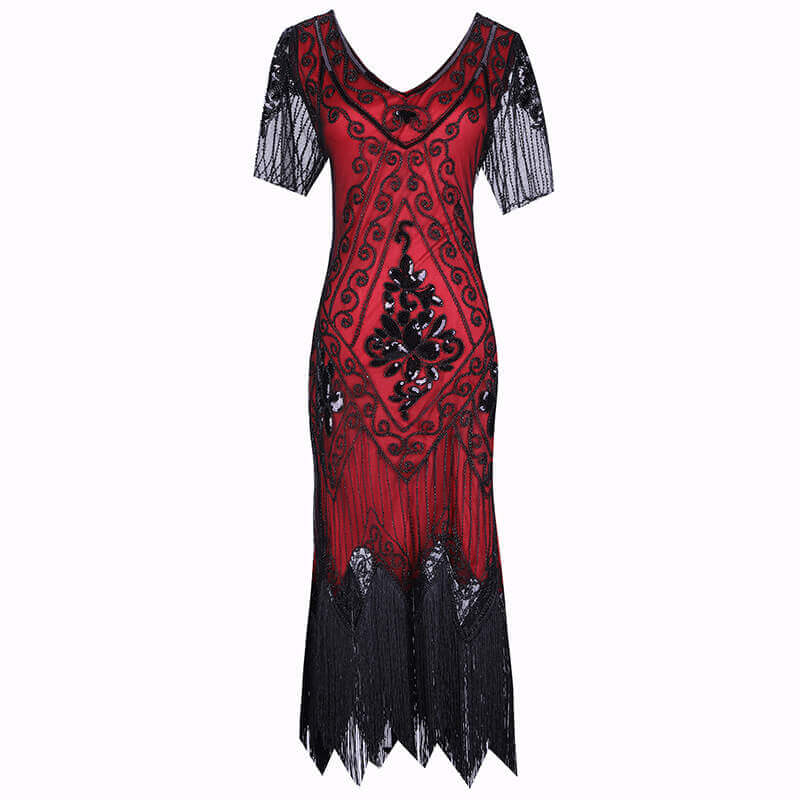 Womens A-Line Calf-Length V Neck Short Sleeve 1920s Dress with Tassels DANCEYM Womens A-Line Calf-Length V Neck Short Sleeve 1920s Dress with Tassels DANCEYM