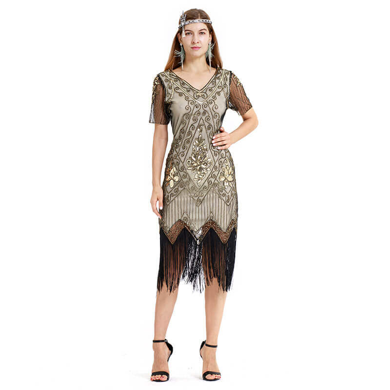 Womens A-Line Calf-Length V Neck Short Sleeve 1920s Dress with Tassels DANCEYM Womens A-Line Calf-Length V Neck Short Sleeve 1920s Dress with Tassels DANCEYM