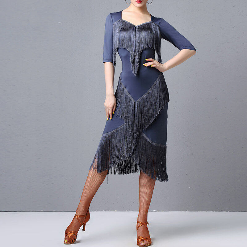 Womens A-Line Calf-Length 3/4 Length Sleeve Latin Dress with Tassels DANCEYM Womens A-Line Calf-Length 3/4 Length Sleeve Latin Dress with Tassels DANCEYM