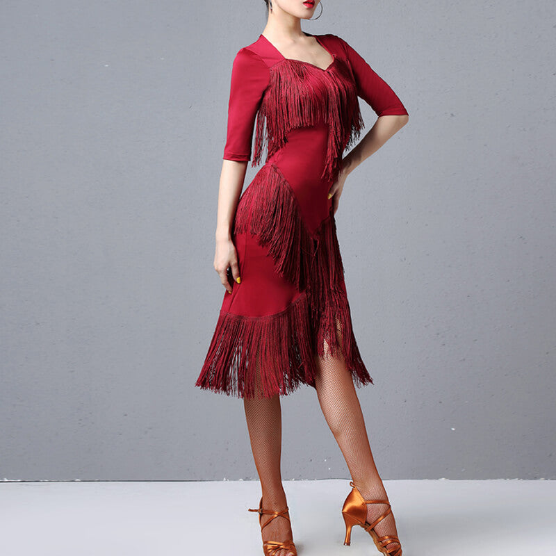 Womens A-Line Calf-Length 3/4 Length Sleeve Latin Dress with Tassels DANCEYM Womens A-Line Calf-Length 3/4 Length Sleeve Latin Dress with Tassels DANCEYM