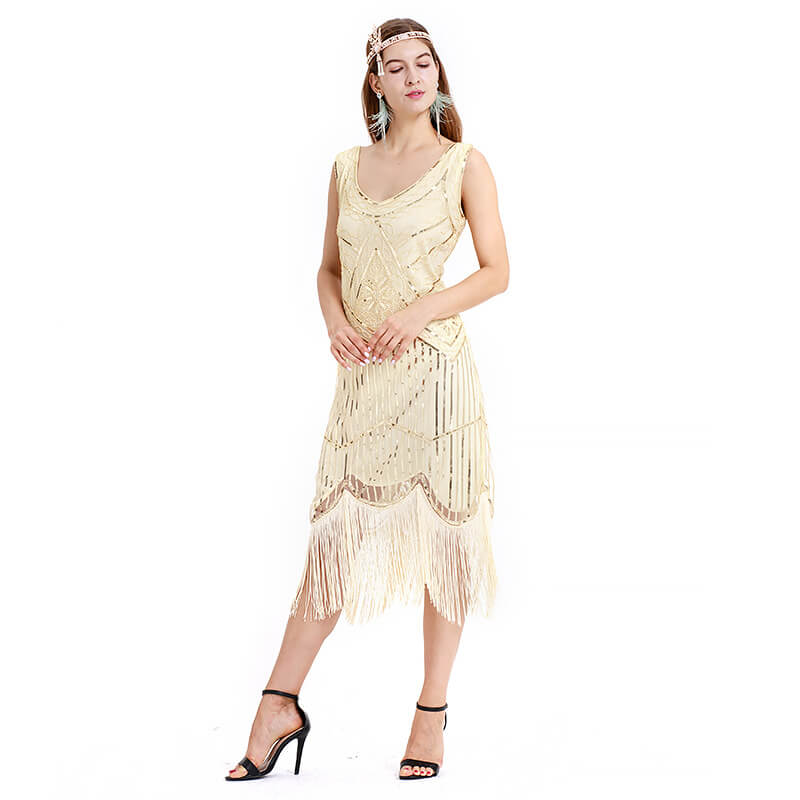 Womens A-Line Knee-Length Sleeveless 1920s Dress with Tassels  DANCEYM