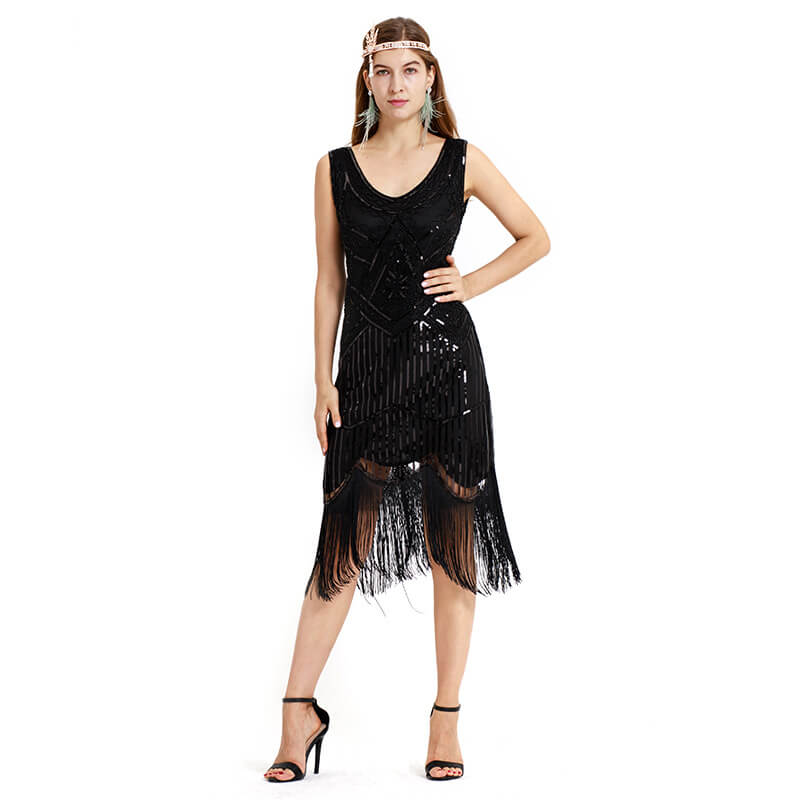 Womens A-Line Knee-Length Sleeveless 1920s Dress with Tassels – DANCEYM