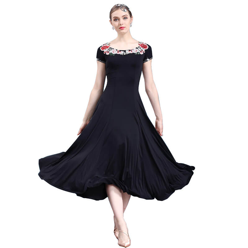 A-Line Maxi Ballroom Dress with Flowers-Black