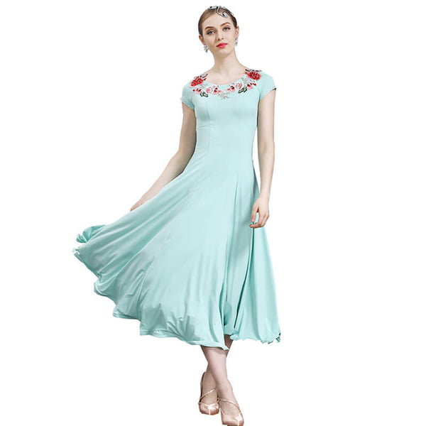 A-Line Maxi Ballroom Dress with Flowers-Green