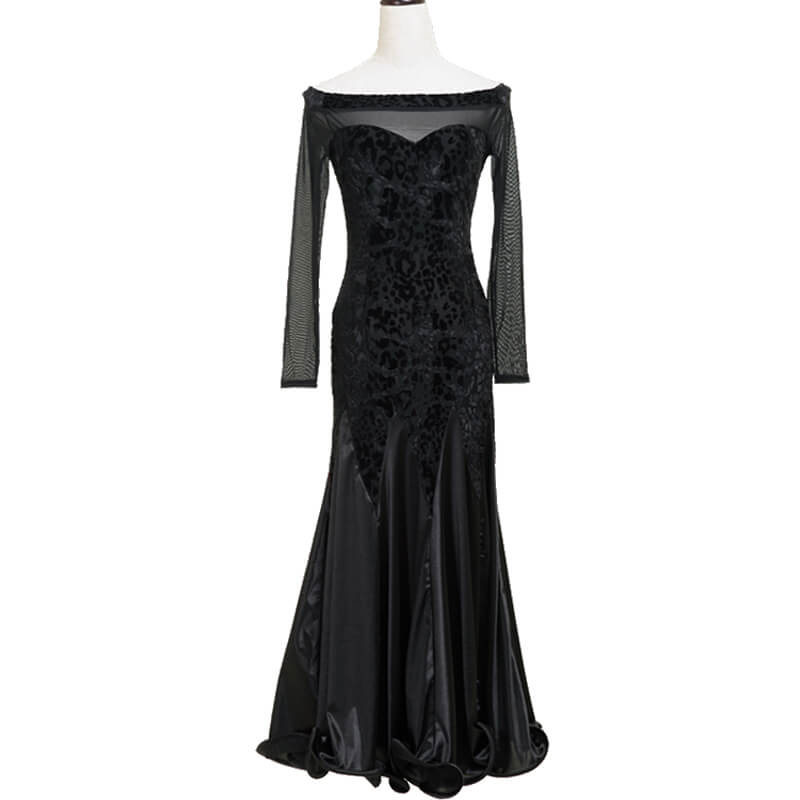 A-Line Maxi Ballroom Dress with Mesh-Black