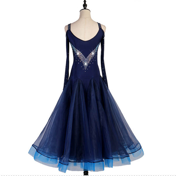 A-Line Spaghetti Strap Long Sleeve Ballroom Dress-Navy