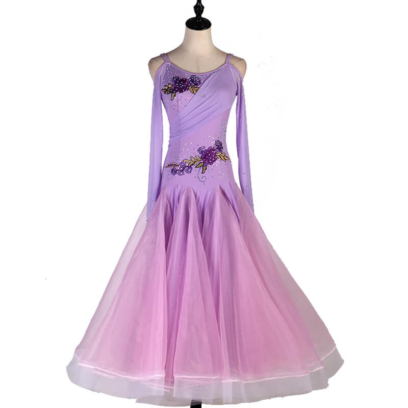 A-Line Spaghetti Strap Long Sleeve Ballroom Dress-Purple
