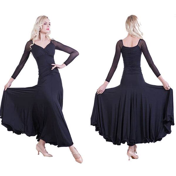 A-Line V Neck Long Sleeve Ballroom Dress-Black