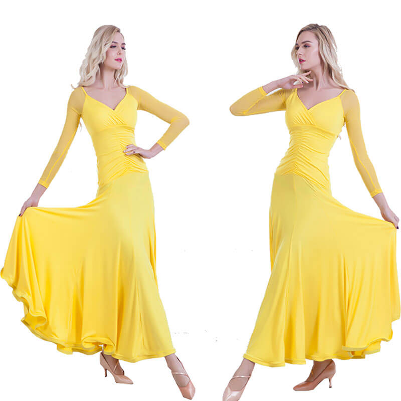 A-Line V Neck Long Sleeve Ballroom Dress-Yellow
