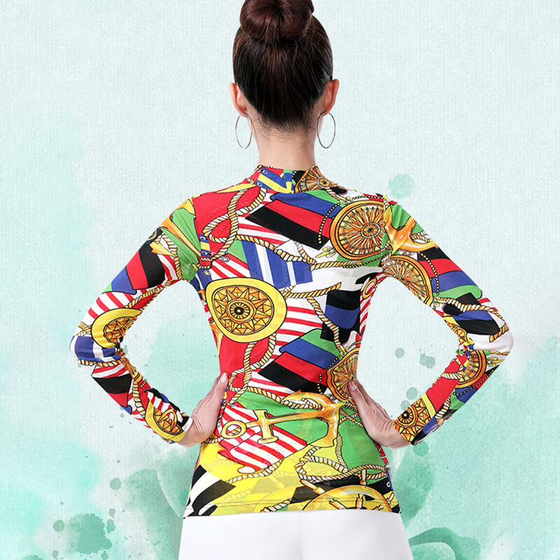 Abstract Print Long Sleeve Latin/Ballroom Top