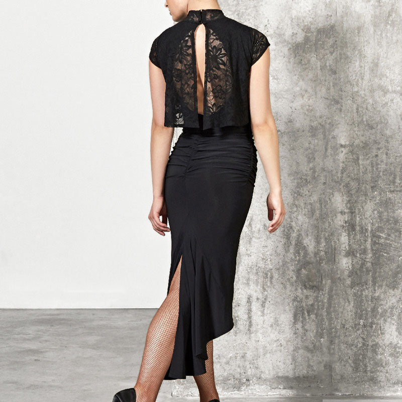 Asymmetric Calf-Length Latin Dress with Lace