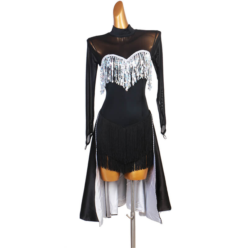 Asymmetric High-Neck Latin Dress with Tassels