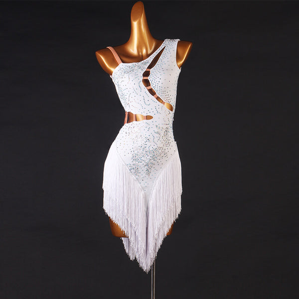 Asymmetric Jewelled Sleeveless Latin Dress with Tassels