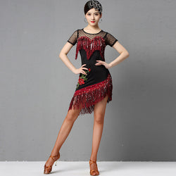 Asymmetric Knee-Length Latin Dress with Floral Embroidery