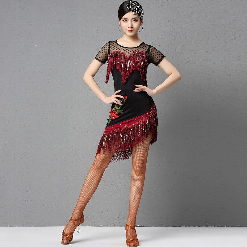 Asymmetric Knee-Length Latin Dress with Floral Embroidery
