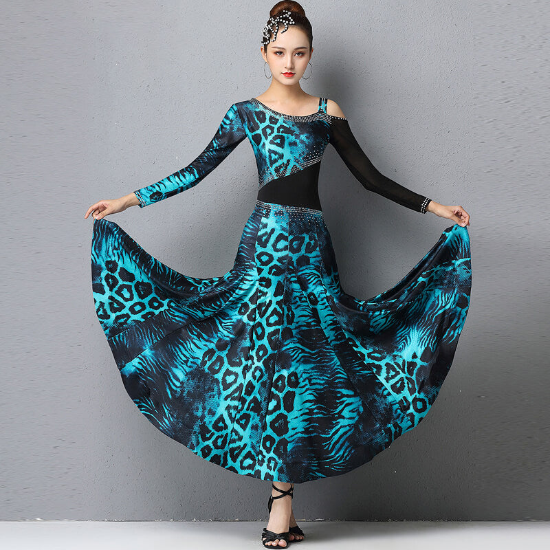 Asymmetric Sleeve Leopard Print Ballroom Dress