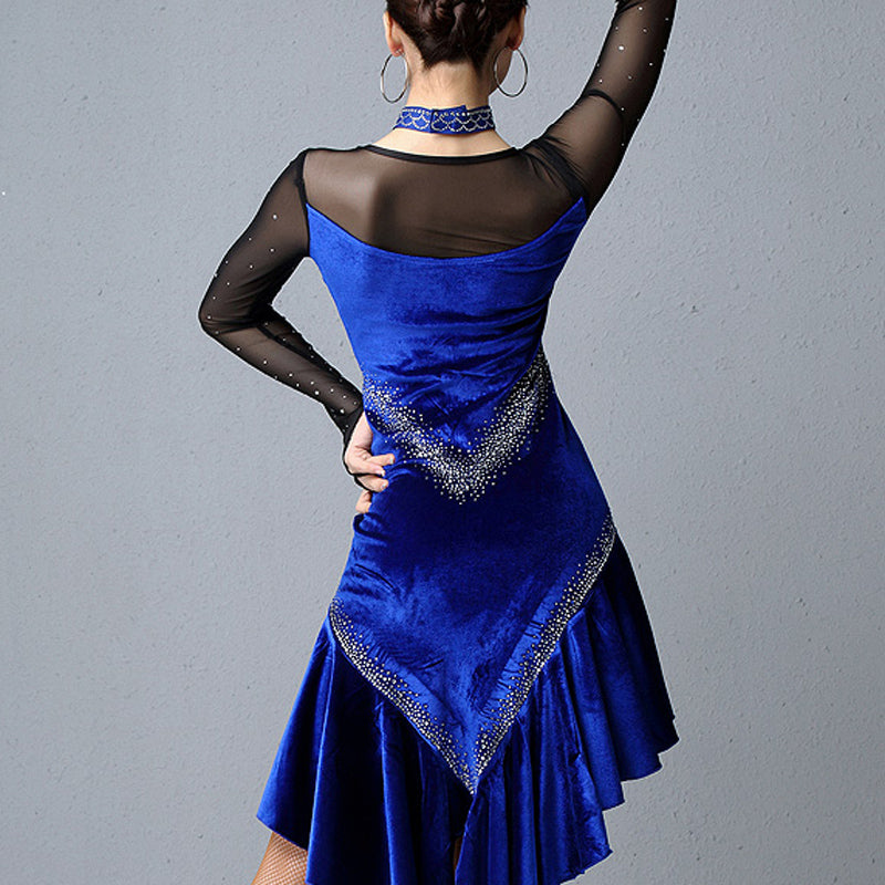Asymmetric Calf-Length Latin Dress with Rhinestones