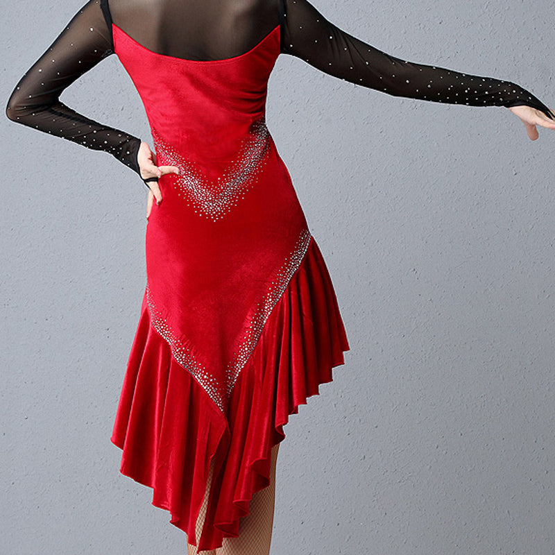 Asymmetric Calf-Length Latin Dress with Rhinestones