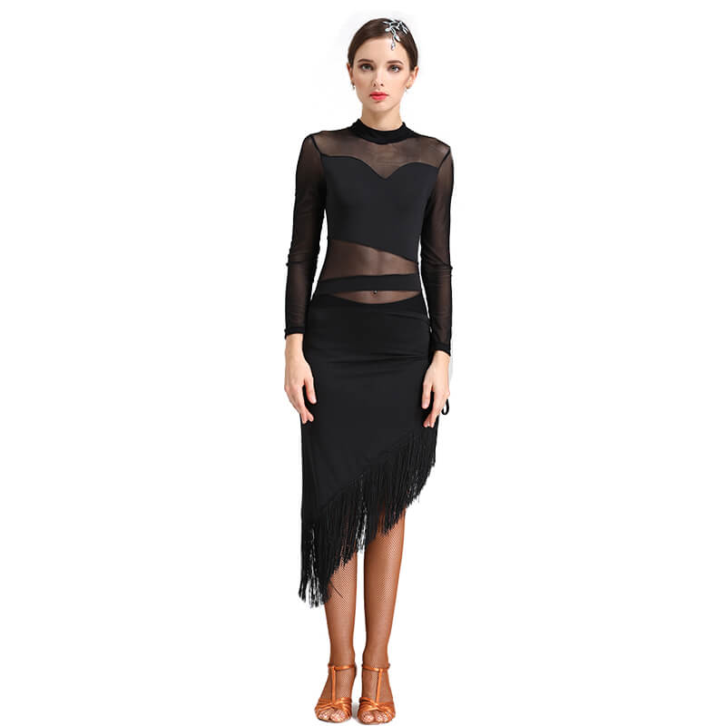 Womens Asymmetric Knee-Length High Neck Latin Dress with Tassels DANCEYM Womens Asymmetric Knee-Length High Neck Latin Dress with Tassels DANCEYM