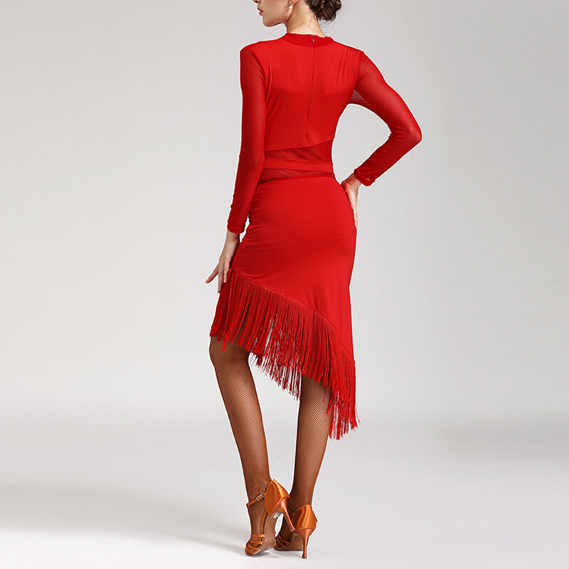 Red Women Dress Long Sleeved Dress Asymmetric Dress Knee 