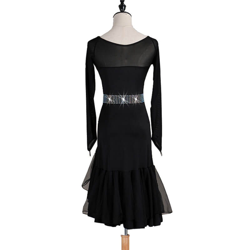3/4 Length Sleeve Asymmetric Knee-Length Dress-Black
