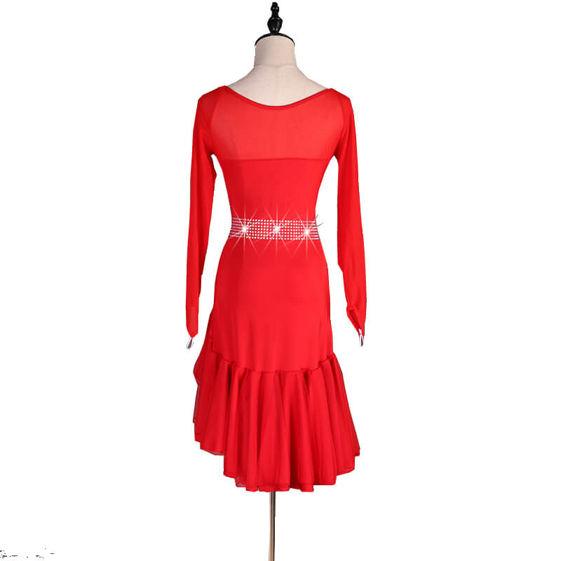 red long sleeve knee length dress Womens Asymmetric 3/4 Length Sleeve Latin Dress with Rhinestones – DANCEYM