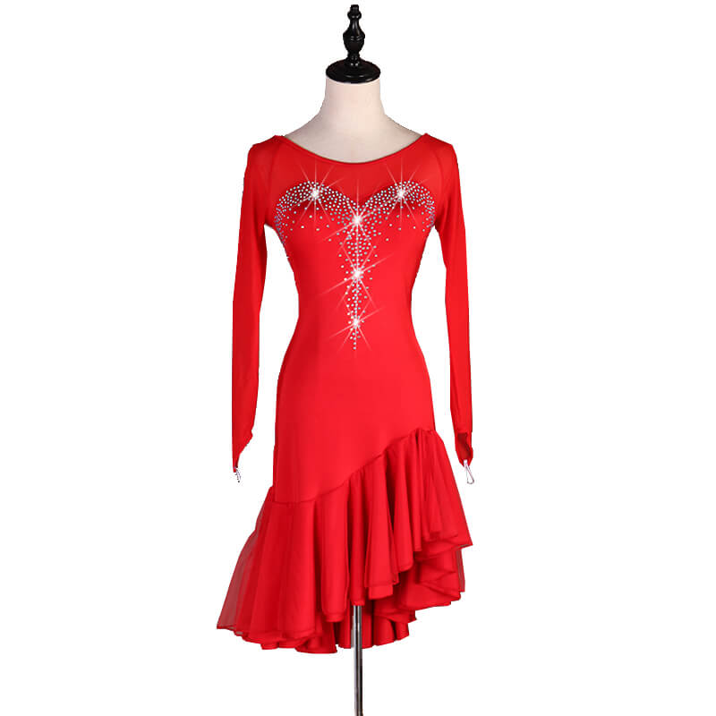 3/4 Length Sleeve Asymmetric Knee-Length Dress-Red