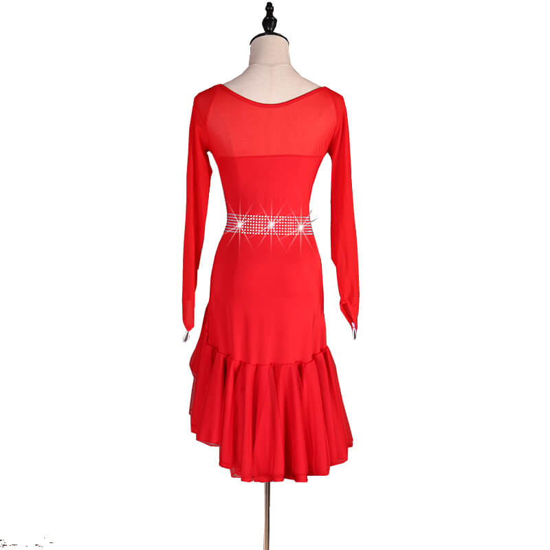 3/4 Length Sleeve Asymmetric Knee-Length Dress-Red