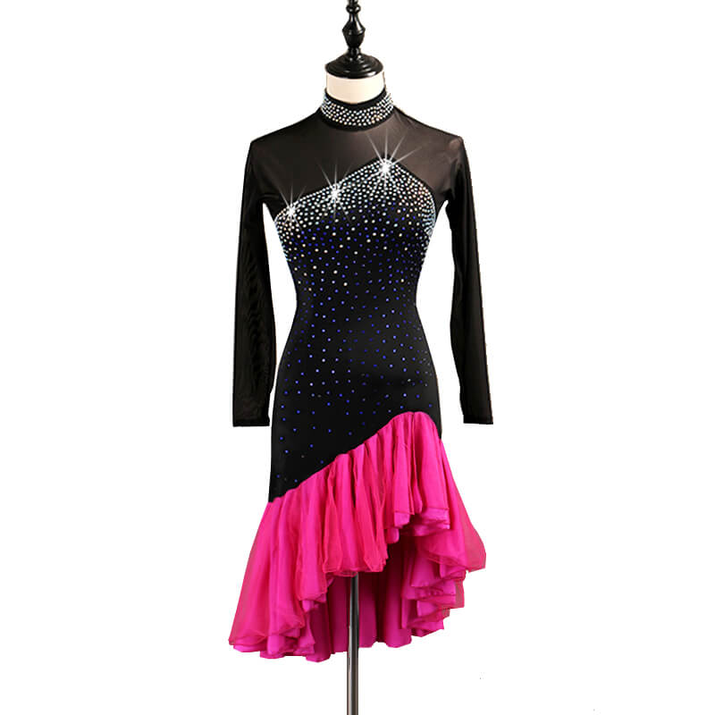 Womens Asymmetric Knee-Length Long Sleeve Latin Dress with Mesh – DANCEYM
