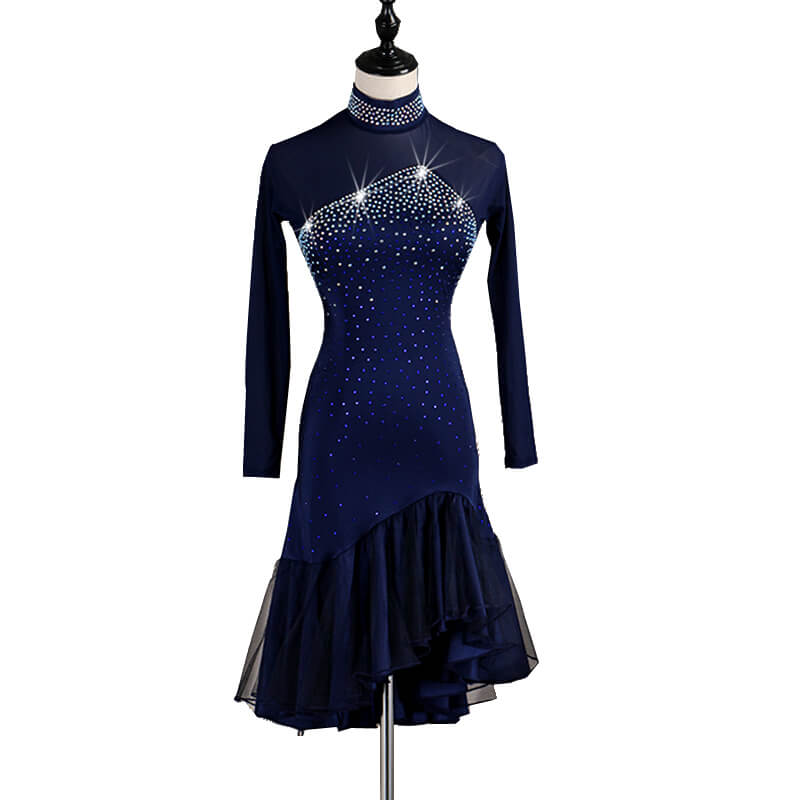 Womens Asymmetric Knee-Length Long Sleeve Latin Dress with Mesh DANCEYM Womens Asymmetric Knee-Length Long Sleeve Latin Dress with Mesh DANCEYM