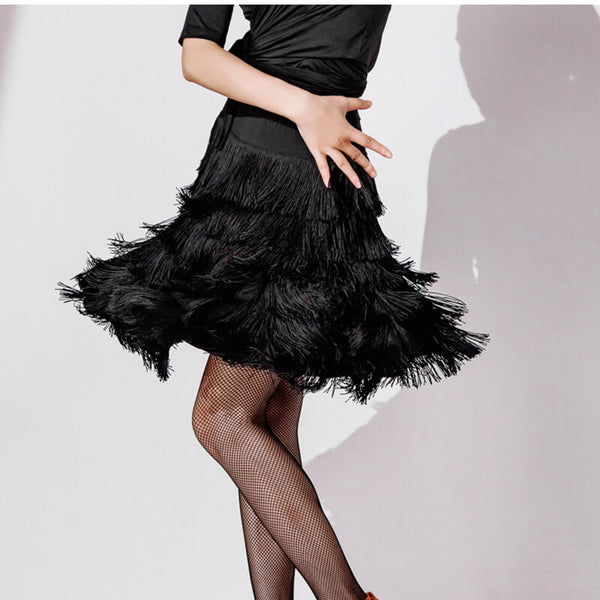 Asymmetric Knee-Length Latin Skirt with Tassels